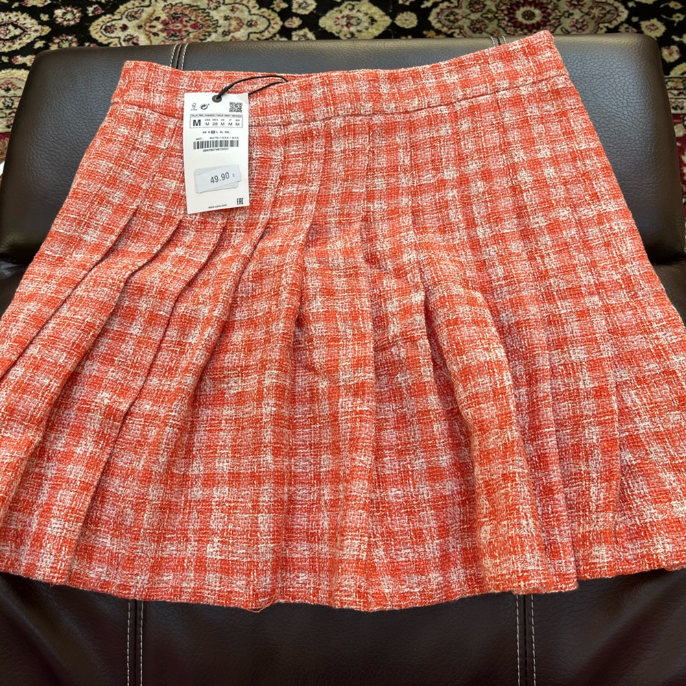 ZARA Plaid Patterned Orange and White Mid-thigh Skirt - Medium